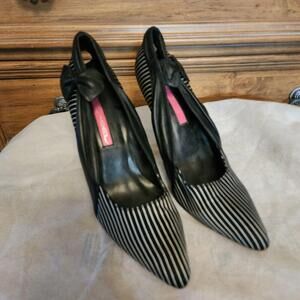 EUC C Label Black White fabric w leather heels striped so fun 10